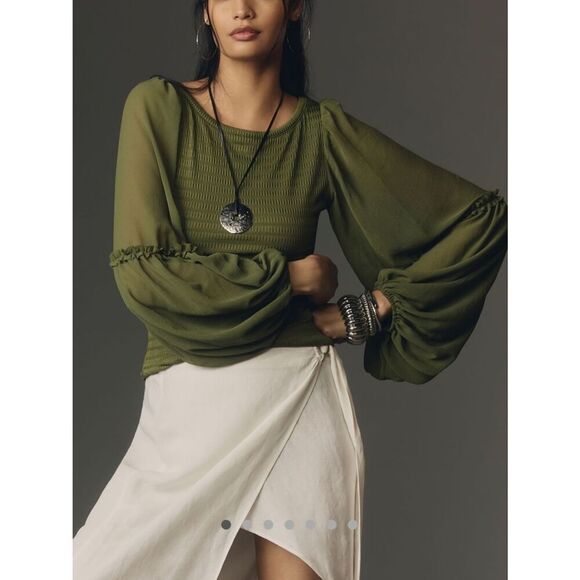 Anthropologie Tops - Anthropologie Olive Green Balloon-Sleeve Smocked Top